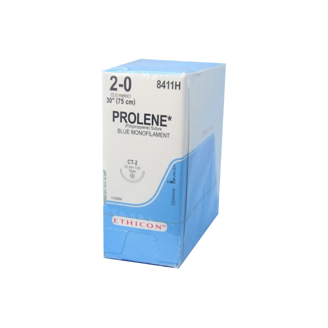 8411H Prolene Non Absorbable Suture, Polypropylene, Size 2-0, Length 30", CT-2 Taperpoint Needle, Blue, 36EA/BX