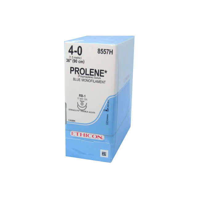 8557H Prolene Non Absorbable Suture, Polypropylene, Size 4-0, Length 36", RB-1 Taperpoint Needle, Blue, 36EA/BX