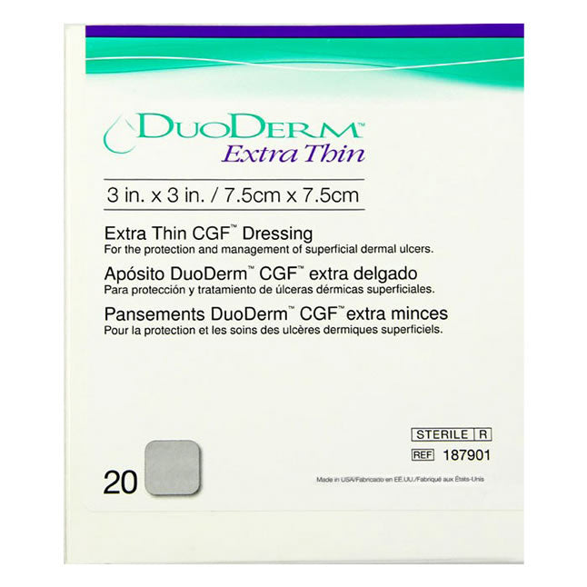 CON187901 DuoDERM Hydrocolloid Dressing, Extra Thin, Square, 3" x 3", 20EA/BX