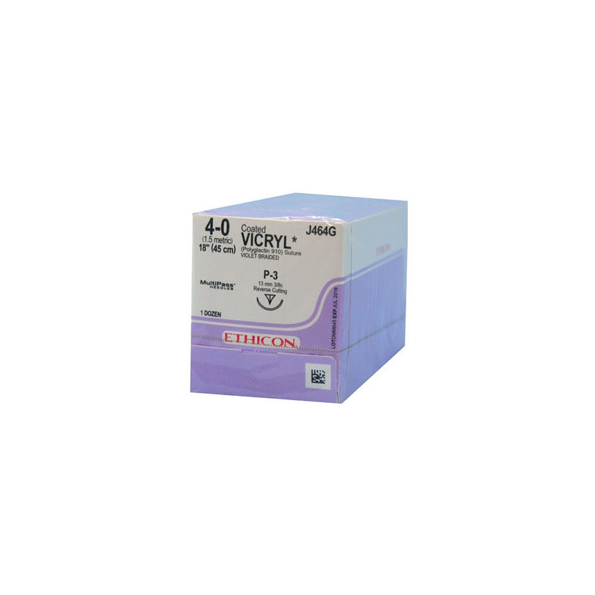 J-464G Absorbable Suture, Polyglactin 910 Coated Vicryl, Size 4-0, Length 18", P-3 Prime Reverse Cutting Needle, Violet, 12EA/BX
