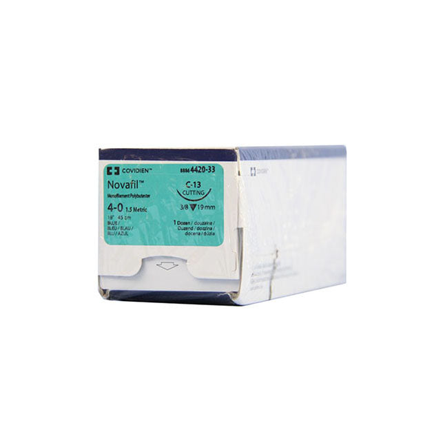 TY8886442033 NOVAFIL Non Absorbable Suture, Polybutester, Size 4-0, Length 18", C-13 Reverse Cutting Needle, Blue, 12EA/BX