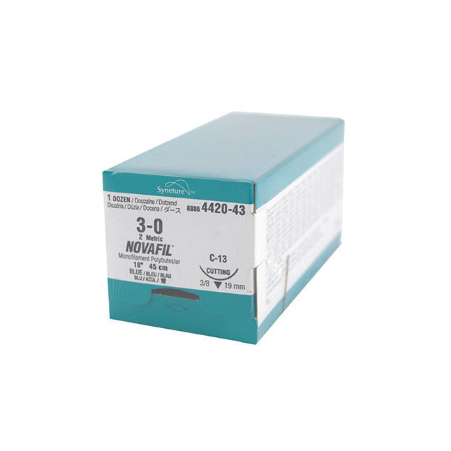 TY8886442043 NOVAFIL Non Absorbable Suture, Polybutester, Size 3-0, Length 18", C-13 Reverse Cutting Needle, Blue, 12EA/BX