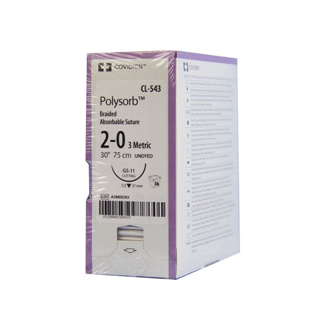TYCL543 Polysorb Absorbable Suture, Size 2-0, Length 30", GS-11 Reverse Cutting Needle, Undyed, 36EA/BX