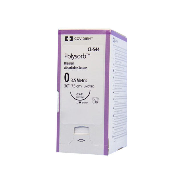 TYCL544 Polysorb Absorbable Suture, Size 0, Length 30", GS-11 Reverse Cutting Needle, Undyed, 36EA/BX