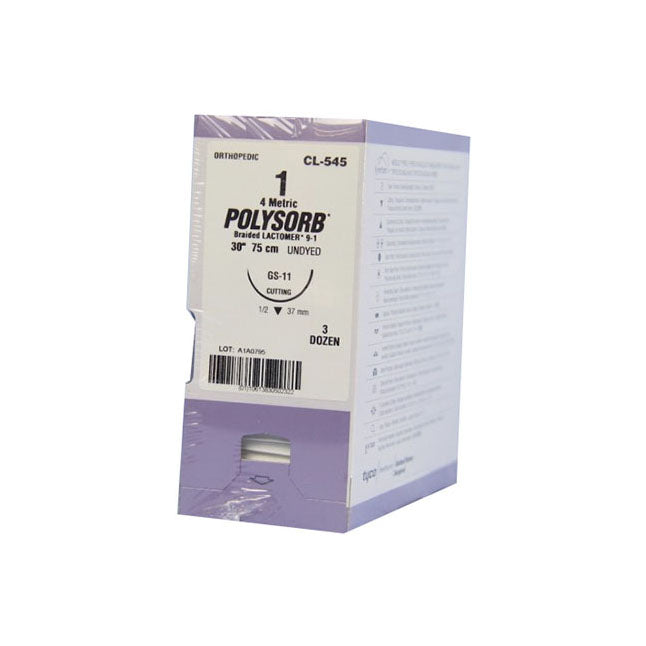 TYCL545 Polysorb Absorbable Suture, Size 1, Length 30", GS-11 Reverse Cutting Needle, Undyed, 36EA/BX