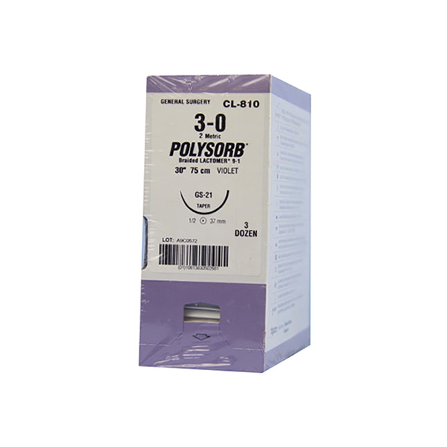 TYCL810 Polysorb Absorbable Suture, Size 3-0, Length 30", GS-21 Taper Point Needle, Violet, 36EA/BX