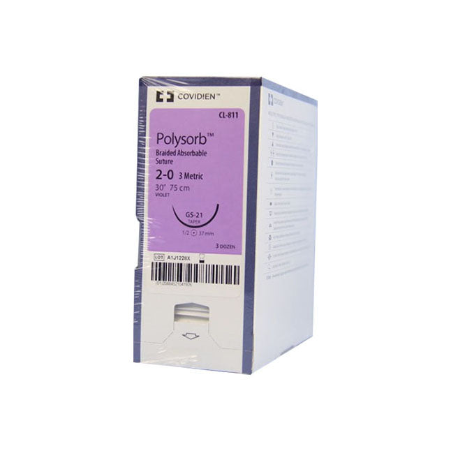 TYCL811 Polysorb Absorbable Suture, Size 2-0, Length 30", GS-21 Taper Point Needle, Violet, 36EA/BX