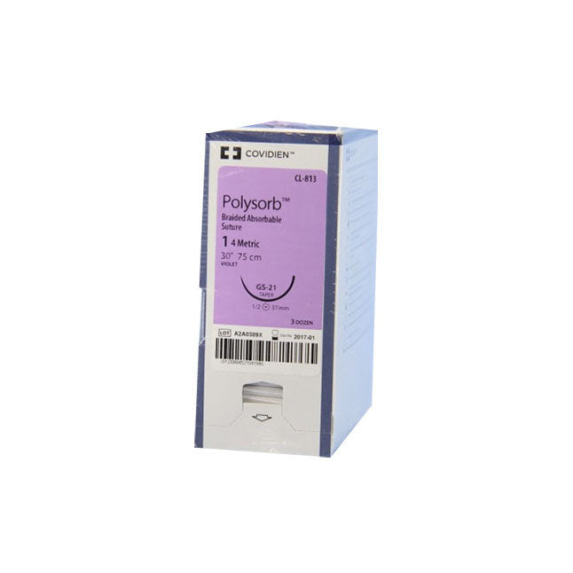 TYCL813 Polysorb Absorbable Suture, Size 1, Length 30", GS-21 Taper Point Needle, Violet, 36EA/BX