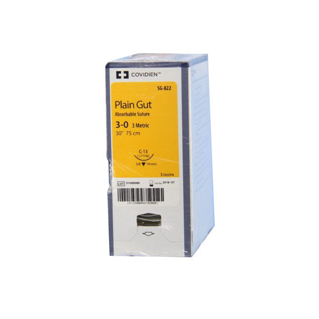 TYSG822 Absorbable Suture, Plain Catgut, Size 3-0, L30" C-13 Reverse Cutting Needle, Undyed, 36EA/BX