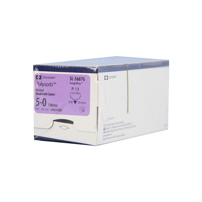 TYSL5687G Polysorb Absorbable Suture, Size 5-0, Length 18", P-13 Premium Reverse Cutting Needle, Undyed, 12EA/BX