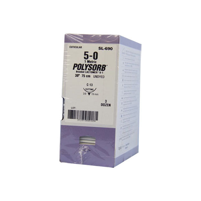 TYSL690 Polysorb Absorbable Suture, Size 5-0, Length 30", C-13 Reverse Cutting Needle, Undyed, 36EA/BX