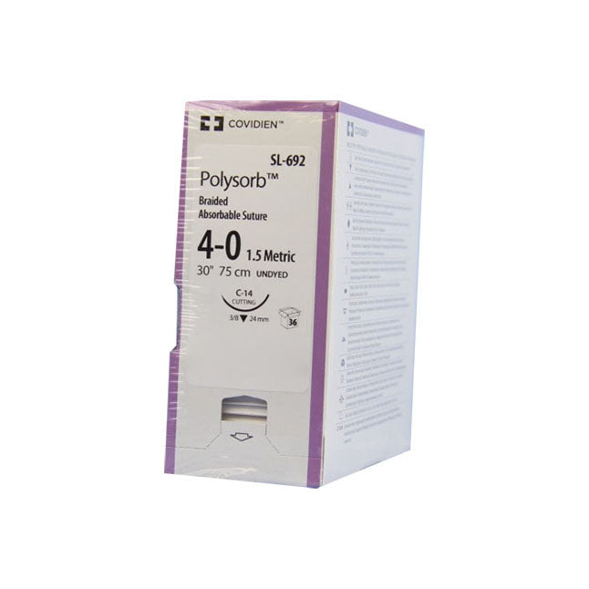 TYSL692 Polysorb Absorbable Suture, Size 4-0, Length 30", C-14 Reverse Cutting Needle, Undyed, 36EA/BX