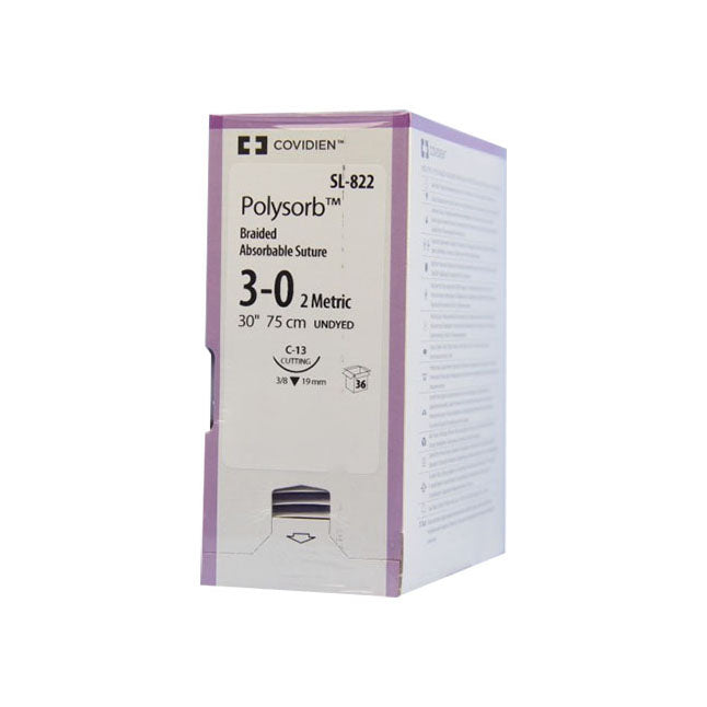 TYSL822 Polysorb Absorbable Suture, Size 3-0, Length 30", C-13 Reverse Cutting Needle, Undyed, 36EA/BX