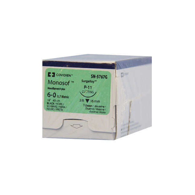 TYSN5767G MONOSOF Non Absorbable Suture, Nylon, Size 6-0, Length 18", P-11 Premium Reverse Cutting Needle, 12EA/BX
