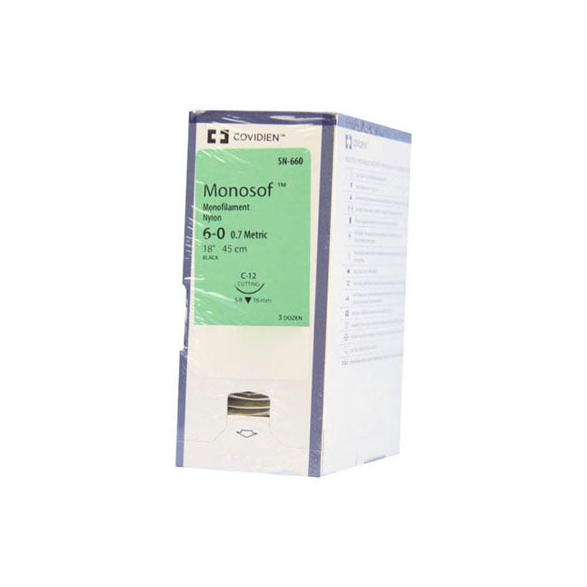 TYSN660 MONOSOF Non Absorbable Suture, Nylon, Size 6-0, Length 18", C-12 Reverse Cutting Needle, Black, 36EA/BX