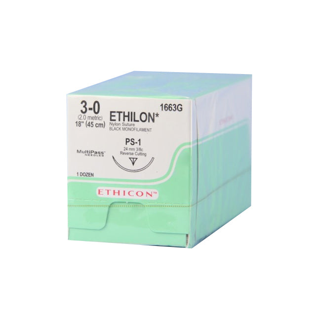 1663G Ethilon Non Absorbable Suture, Nylon 6, Size 3-0, 24mm 12EA/CA