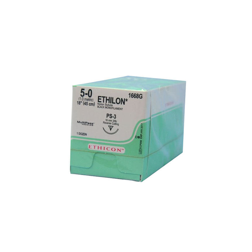 1668G Ethilon Non Absorbable Suture, Nylon 6, Size 5-0, 16mm 12EA/CA
