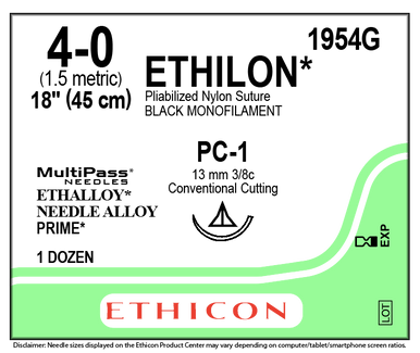1954G Ethilon Non Absorbable Suture, Nylon 6, Size 4-0, 13mm 12EA/CA