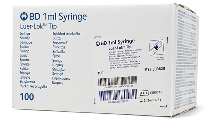 BD309628 General Use Syringe,Luer-Lok Tip, Sterile, 1mL, 100EA/BX