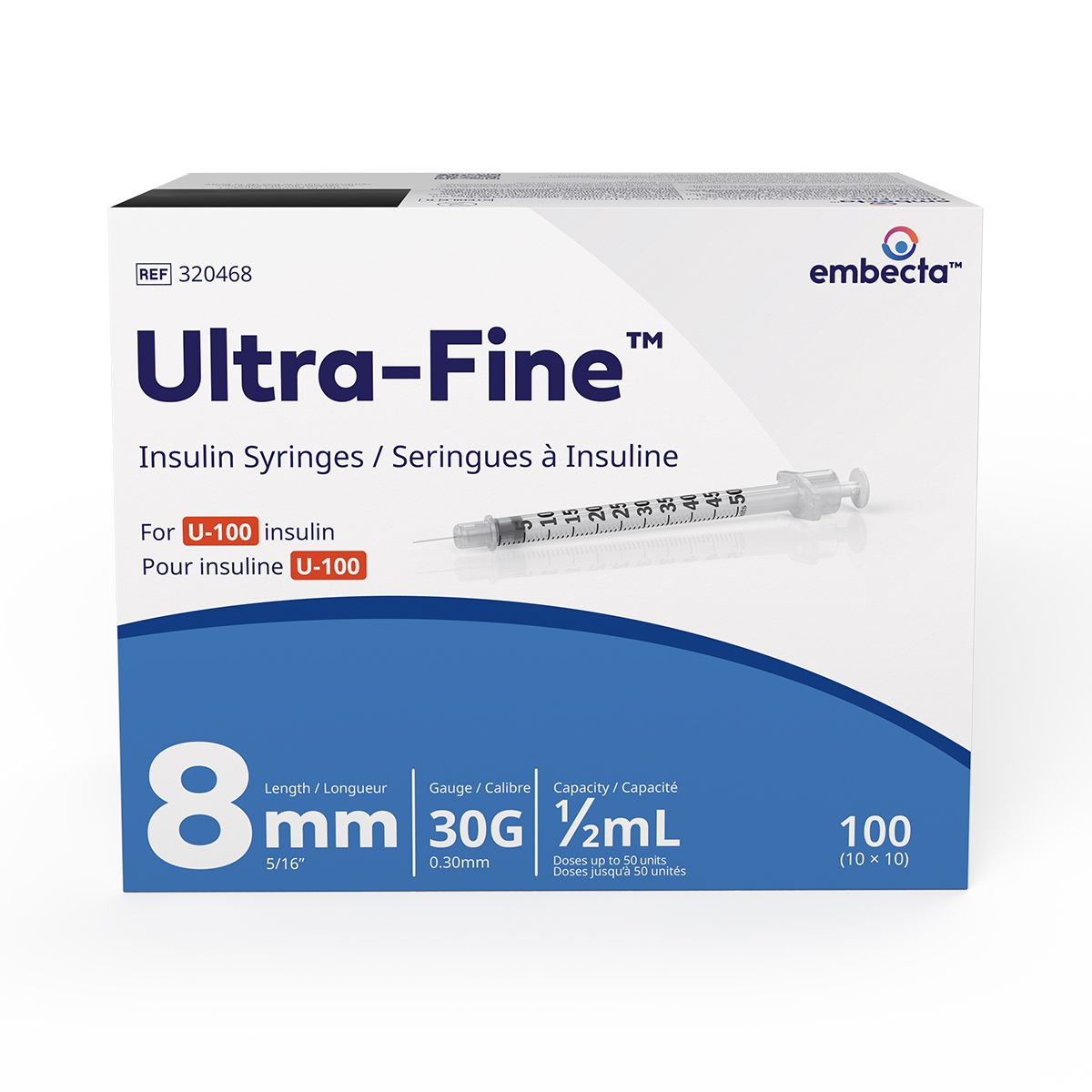 320468 Insulin Syringe, With Ultra-Fine II Needle, 1/2mL, 30GA x 5/16" 100EA/BX