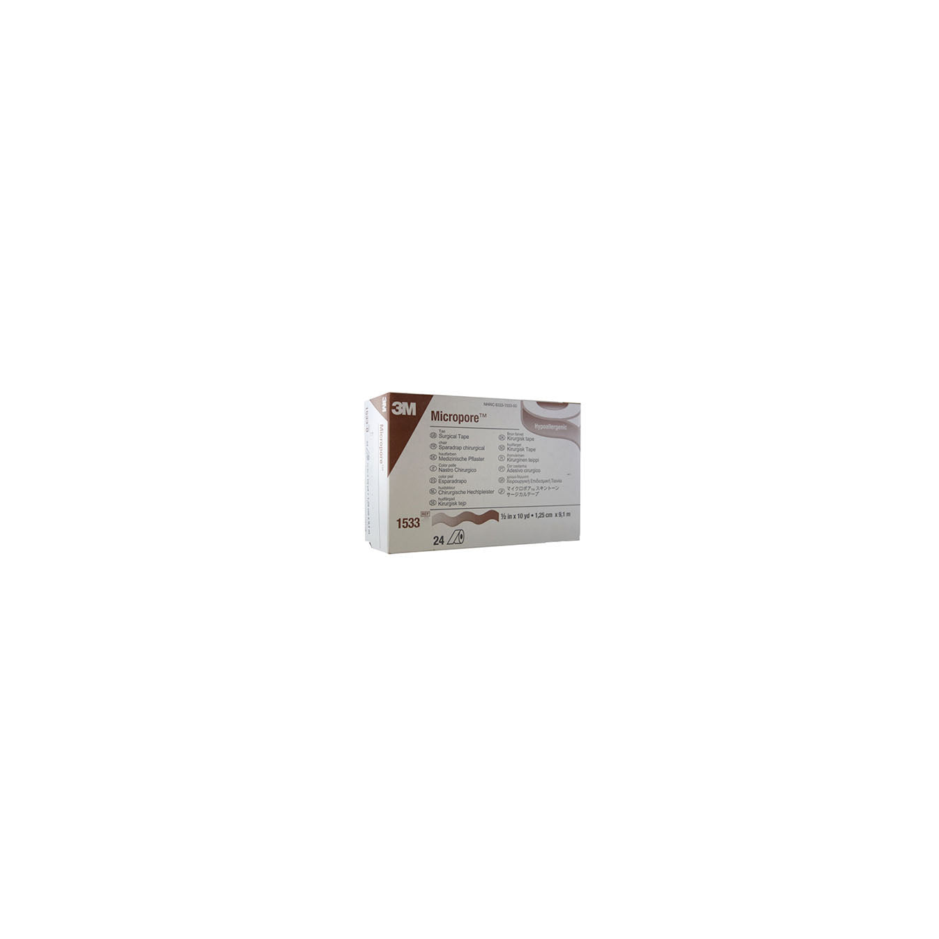 3M1533-1-2 Micropore Surgical Tape, 1/2" x 10yd, Tan, 24RL/BX