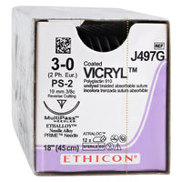 J-497G Absorbable Suture, Polyglactin 910 Coated Vicryl, Undyed, Size 3-0, 19mm 12EA/BX