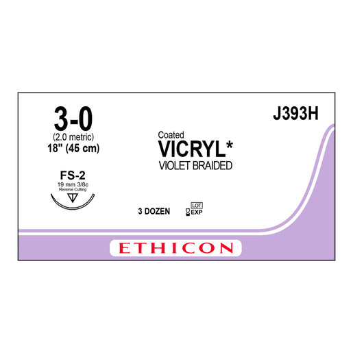 J-393H Absorbable Suture, Polyglactin 910 Coated Vicryl, Size 3-0, Violet 19mm 36EA/CA