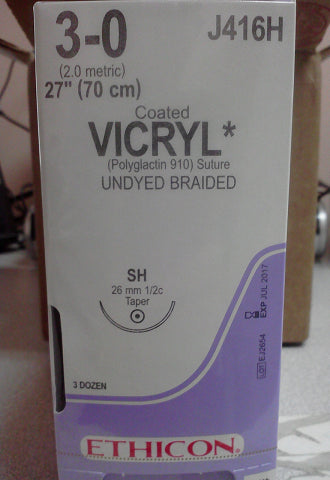 J-416H Absorbable Suture, Polyglactin 910 Coated Vicryl, Undyed, Size 3-0, 26mm 36EA/BX