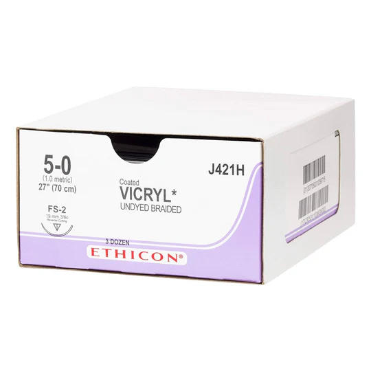 J-421H Absorbable Suture, Polyglactin 910 Coated Vicryl, Undyed, Size 5-0, 19mm 36EA/BX