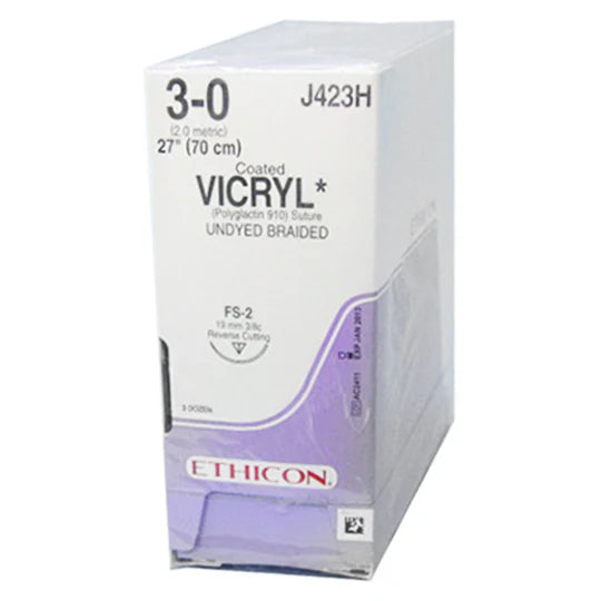J-423H Absorbable Suture, Polyglactin 910 Coated Vicryl, Undyed, Size 3-0, 19mm 36EA/BX