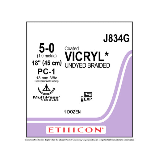 J-834G Absorbable Suture, Polyglactin 910 Coated Vicryl, Undyed, Size 5-0, 13mm 12EA/BX
