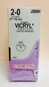 J869H Absorbable Suture, Polyglactin 910 Coated Vicryl, Undyed, Size 2-0, 26mm 36EA/BX