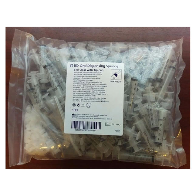 BD305218 Clear Oral Syringe, Tip Cap, 5mL 100EA/BX