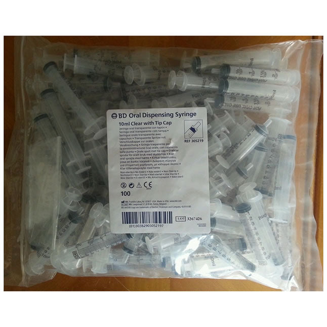 BD305219 Oral Syringe, Tip Cap, Clear, 10mL, 100EA/BX