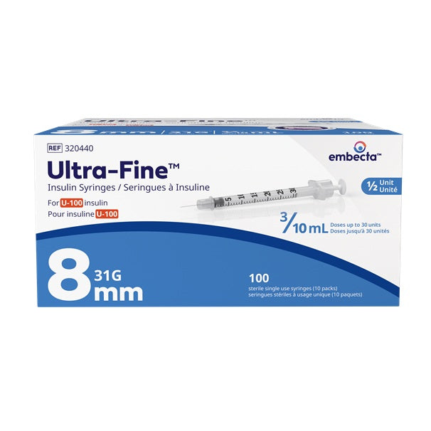 BD320440 Ultra-Fine Insulin Syringes, 3/10mL, L8mm, OD 31GA 100EA/BX