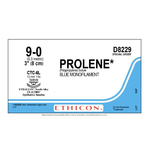 D8229 Prolene Polypropylene Suture, 9-0 Blue 1X3" CTC-6L Double Armed 12EA/BX