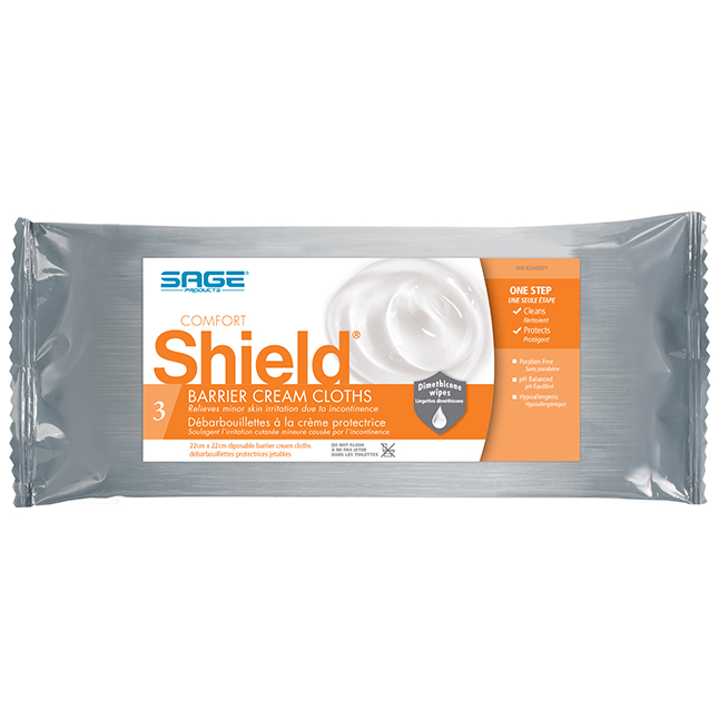 SAGE7403 Comfort Shield Barrier Cream Cloth, with 3% Dimethicone, W8.5" x L8.5" Large, 3EA/BX
