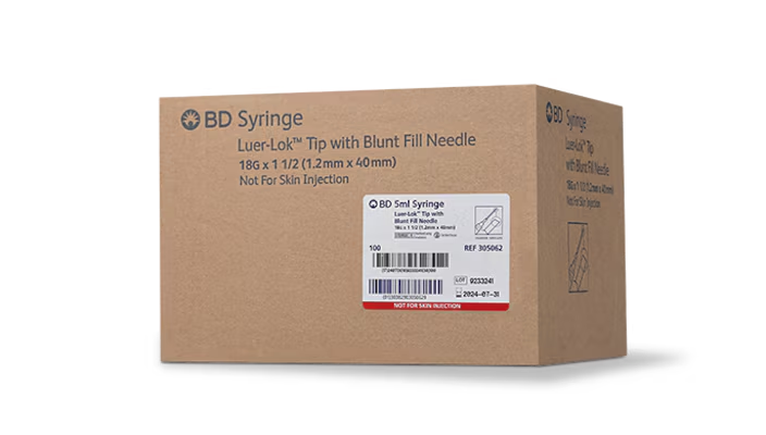 BD305062 Luer-Lok Syringe with Detachable Needle, 5mL, 18GA x 0.5", 100EA/BX