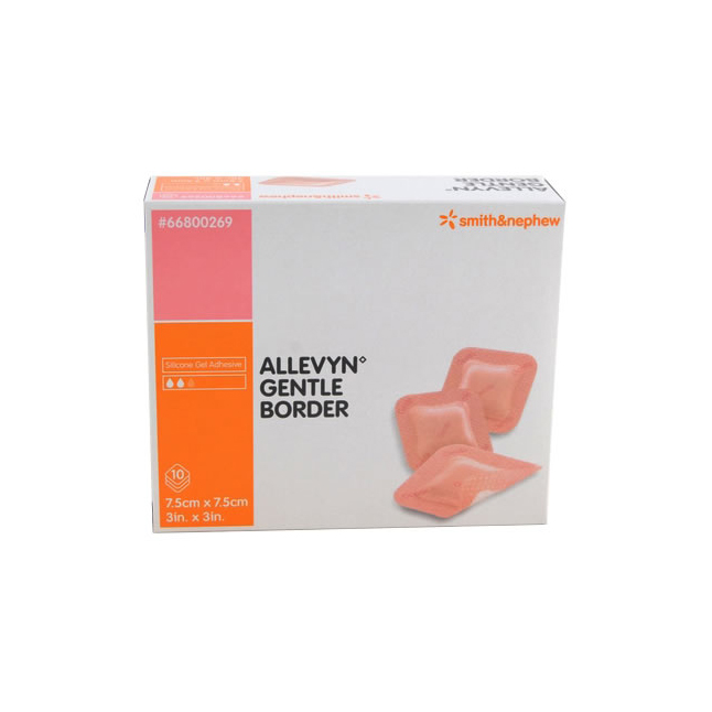 SN66800264 ALLEVYN Gentle Border Hydrocellular Foam Dressing, Silicone Gel Adhesive (3-Layer), 7.5cm x 7.5cm, 10EA/BX