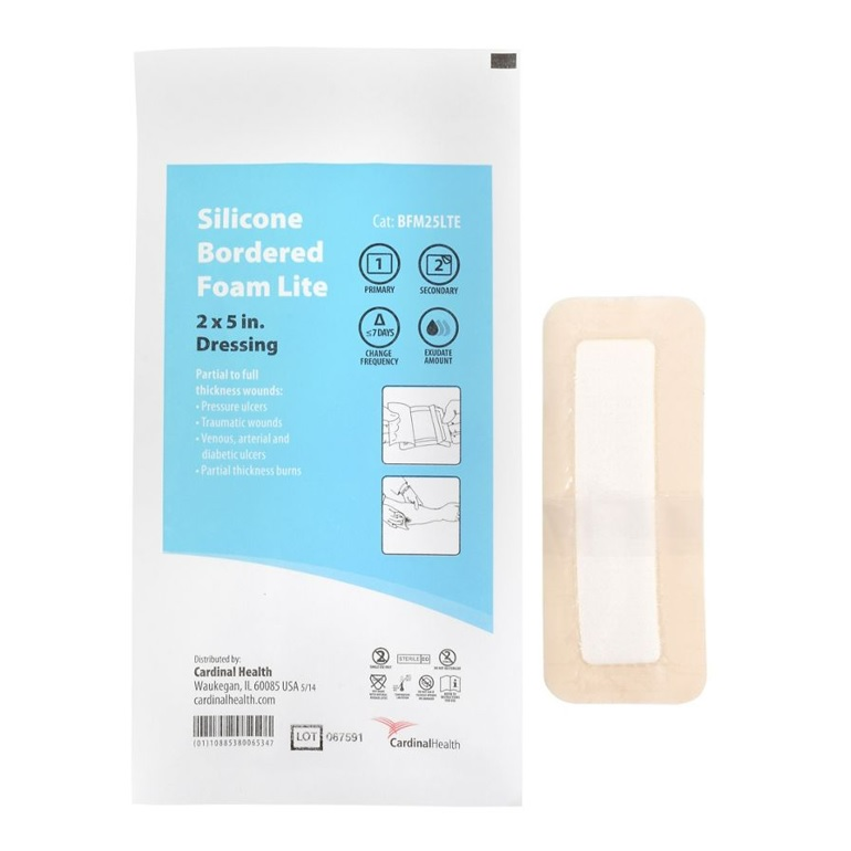 BFM25LTE Cardinal Health Silicone Bordered Foam Dressing, Lite, 2X5", 10EA/BX