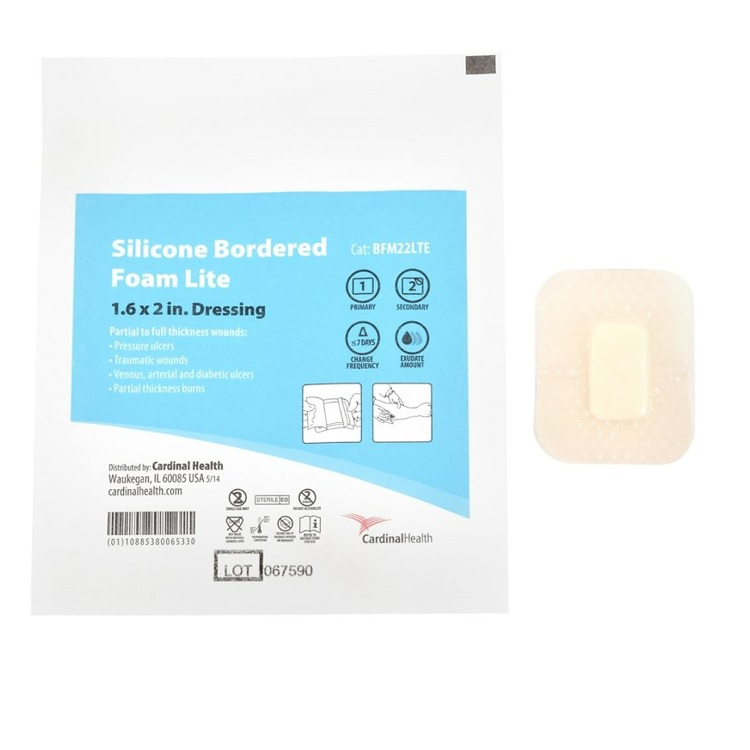BFM22LTE Cardinal Health Silicone Bordered Foam Dressing, Lite, 1.6" x 2", 10EA/BX