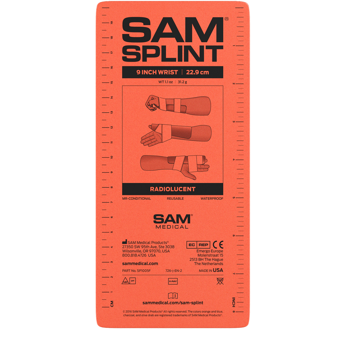 SP500-OB-EF SAM Splint, Blue/Orange, 9IN O/B, 1/EA