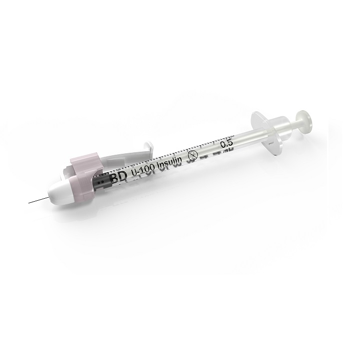 BD305934 SafetyGlide Insulin Syringe with Permanently Attached Needle, 30GA x 5/16", 1/2mL, 100EA/BX