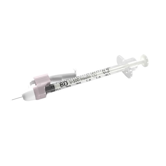 BD305937 SafetyGlide Insulin Syringe with Permanently Attached Needle, 31GA x 5/16", 3/10mL, 100EA/BX