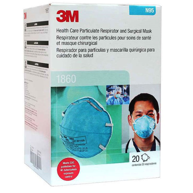 3M1860 Particulate Respirator and Surgical Mask, N95, Cone-Moulded, Teal, Regular, 20EA/BX