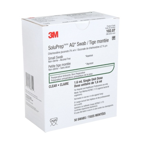 3M10207 SoluPrep Swab (2% w/v Chlorhexidine Gluconate Swab), Alcohol Free - Aqueous 50EA/BX