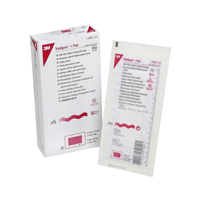 3M3570 Medipore Pad Soft Cloth Dressing, 3.5" x 8" 25EA/BX