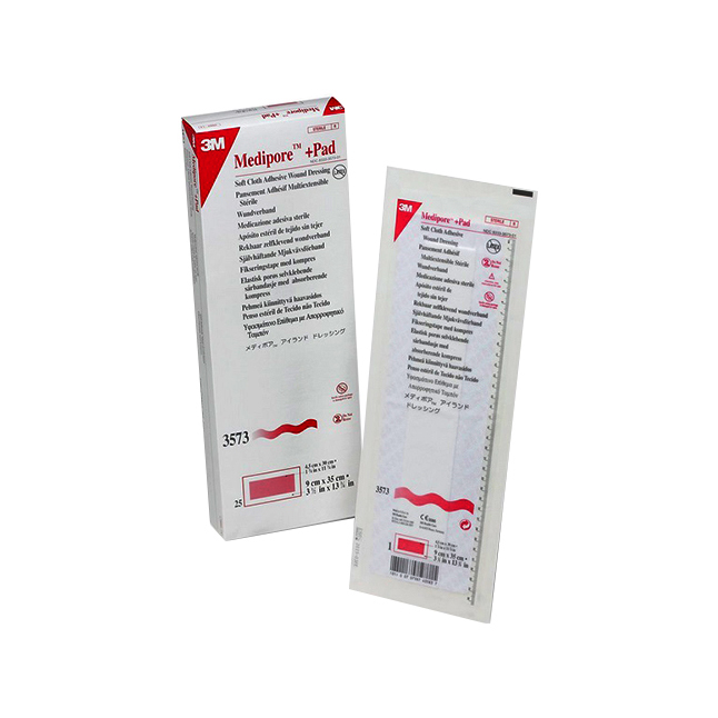 3M3573 Medipore Pad Soft Cloth Dressing, 3.5" x 13.75" 25EA/BX