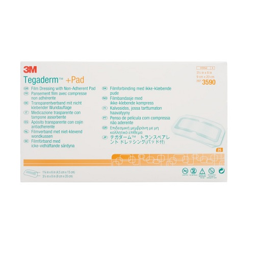 3M3590 Tegaderm Pad Film Dressing with Non-Adherent Absorbent Pad, 9cm x 20cm, 25EA/BX