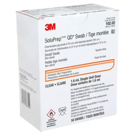 3M10202 Soluprep I.V. Swabstick Clear Solution, 0.5% CHG/70% 50EA/BX